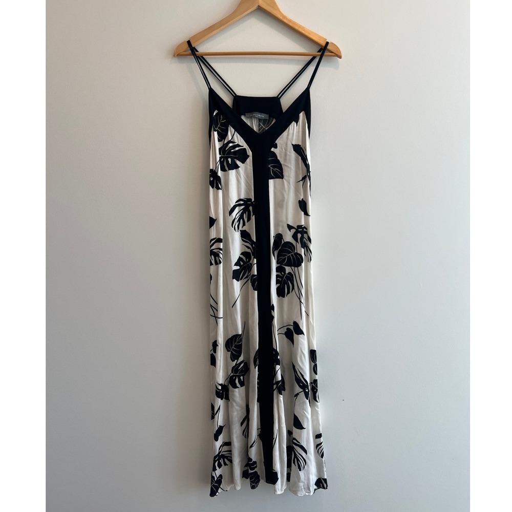 Sandro Ferrone Roma Resort Midi Dress 42 Black White‎ Tropical Monstera Leaf